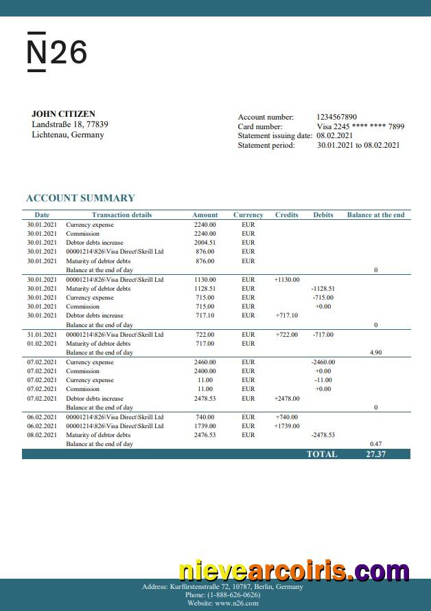 Germany N26 bank Excel